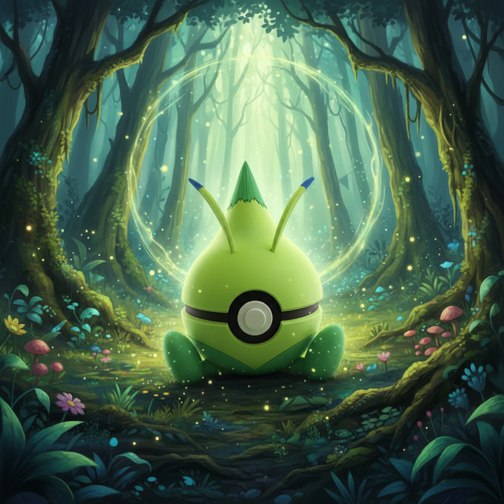 Celebi Pokeball with mystical forest background